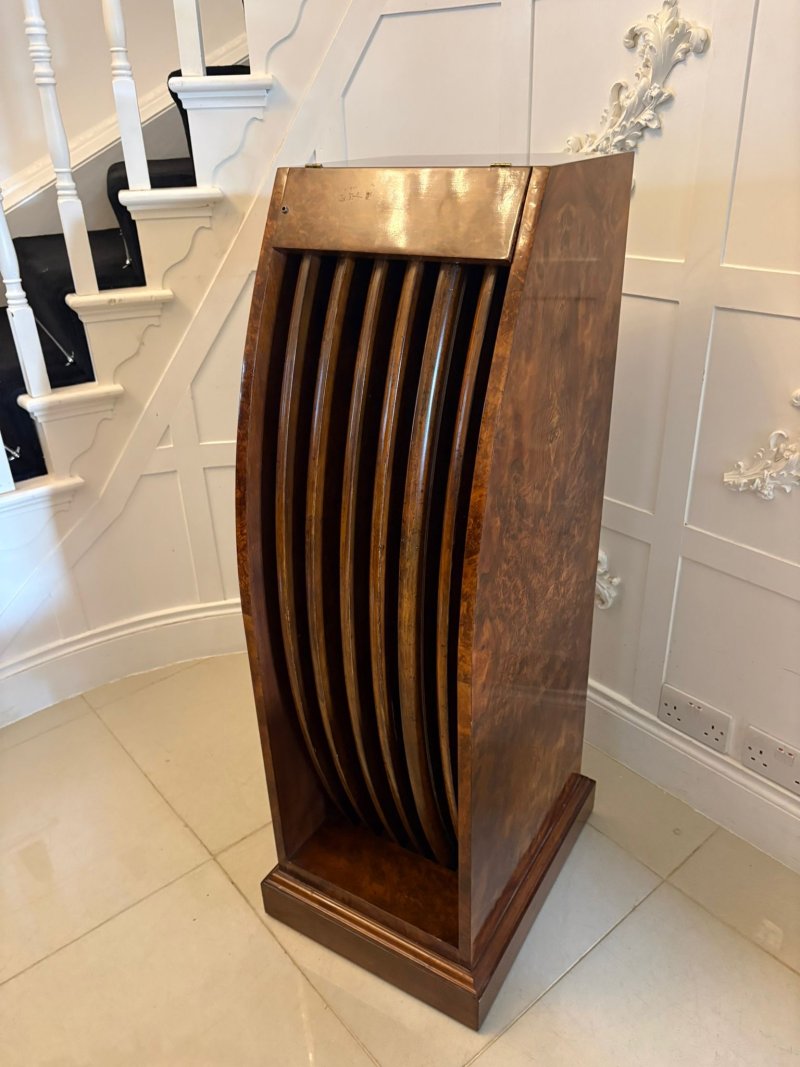 Antique Exceptional Quality Burr Walnut Circular Extending Dining Table Seating 10 with Radial Leaves & Matching Burr Walnut Leaf Holder - Image 12